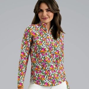 IBKUL Sonia Mock Neck 3/4 Zip Floral Top Medium